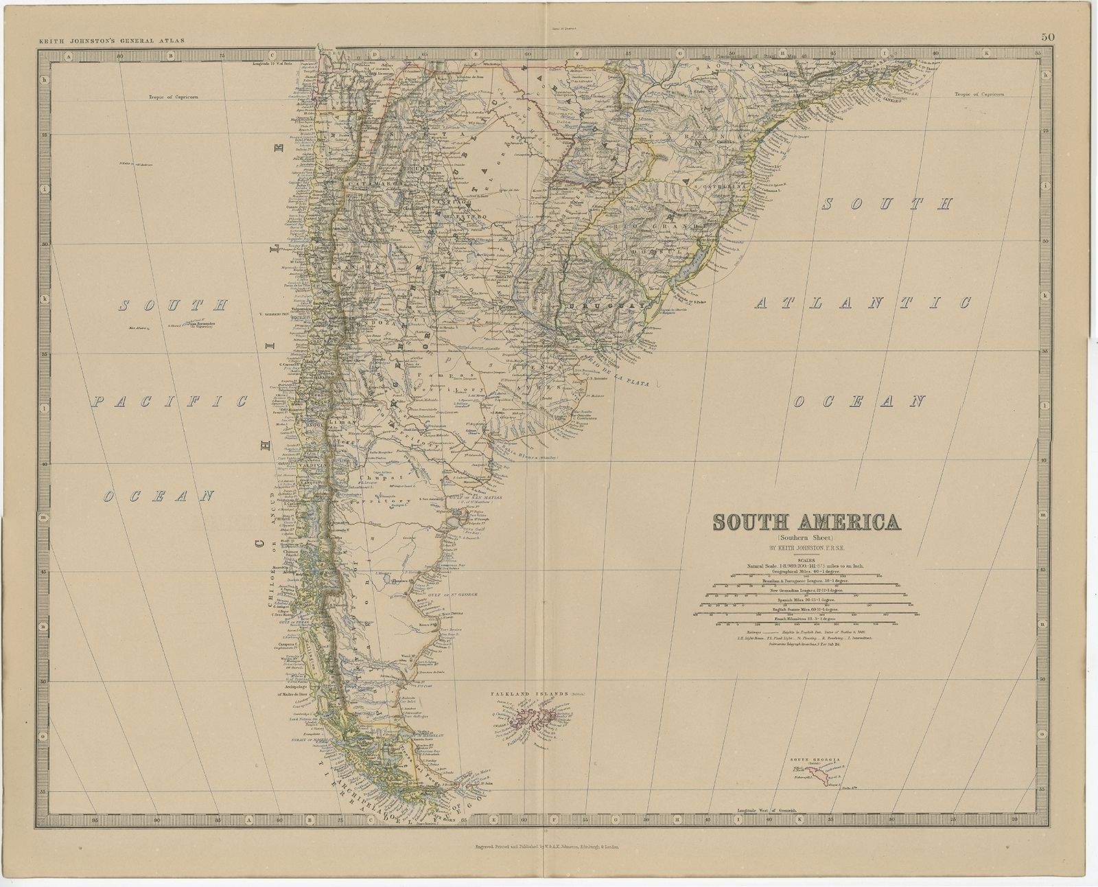 Antique Map Of South America (Southern Part) By Johnston (1882)