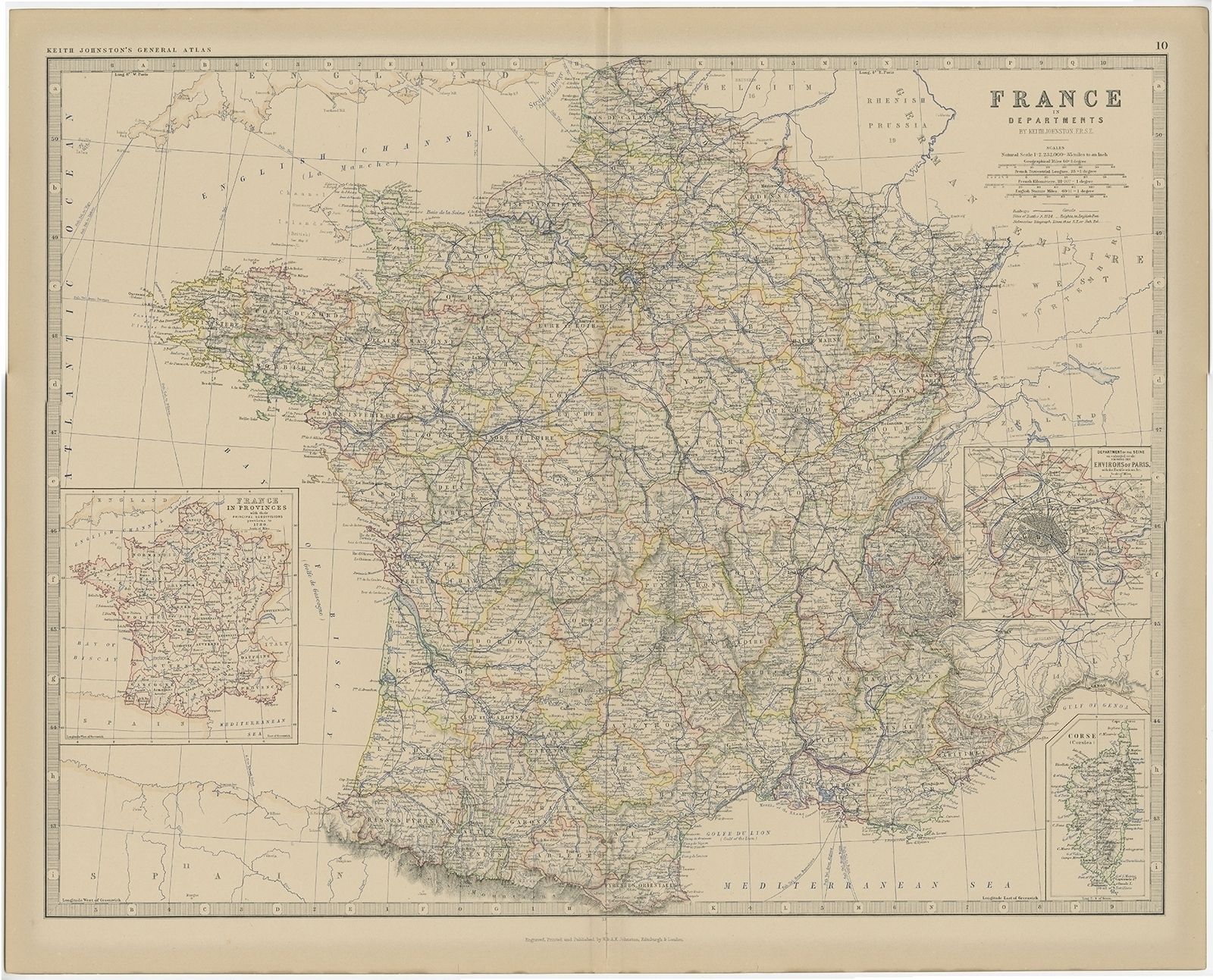 Antique Map Of France By Johnston (1882)