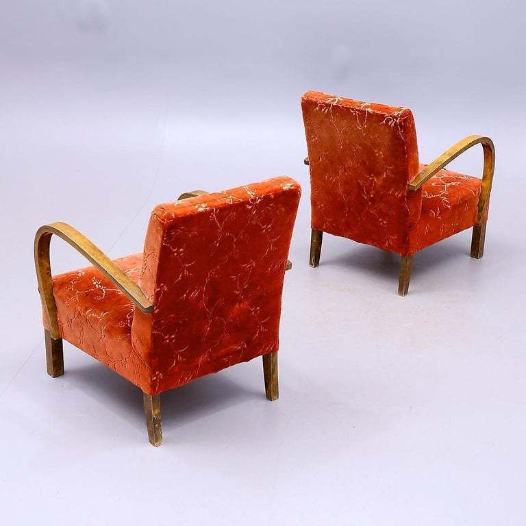 Art Deco Armchairs Open Arms Pair Of Early 20th Century Honey Color Red Swedish photo for sale