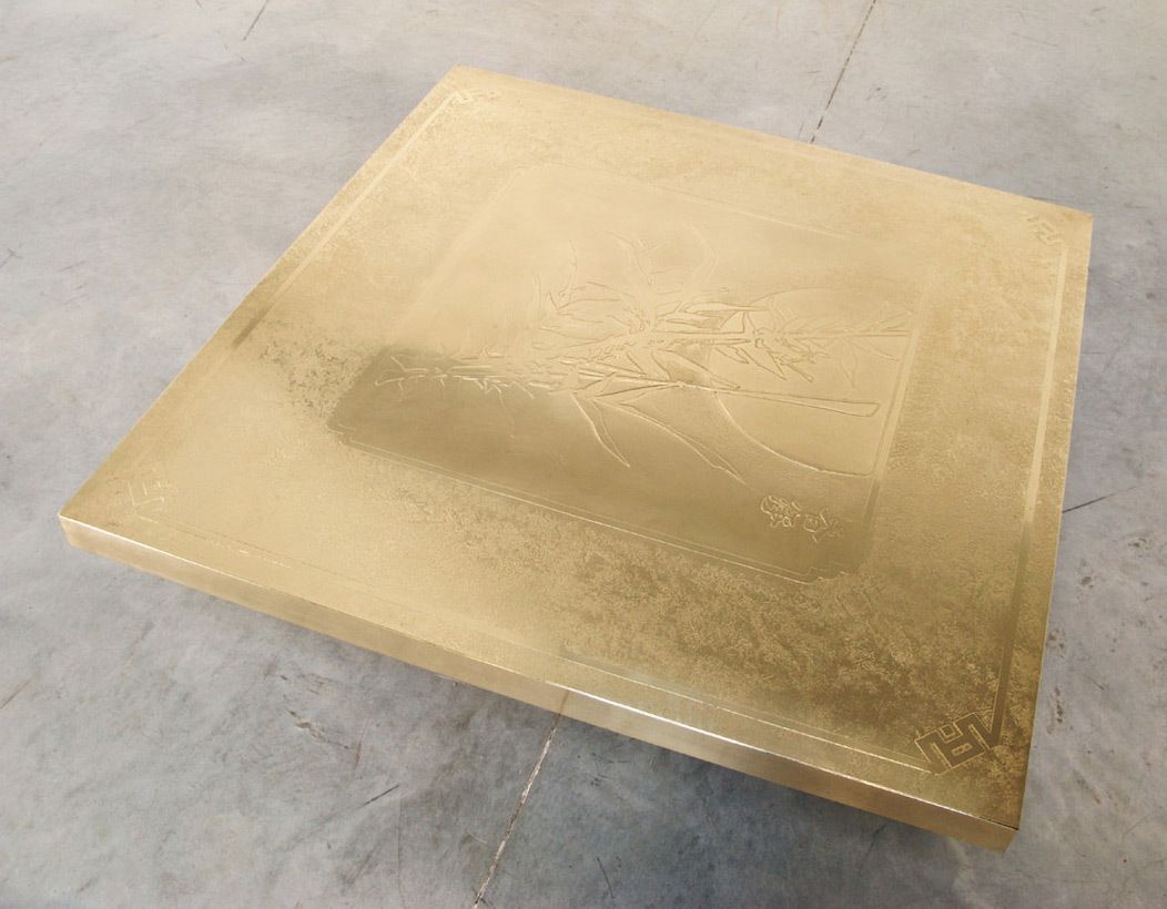 Georges Mathias Hand Etched Brass Low Cocktail Table, 1970s Belgium photo furniture