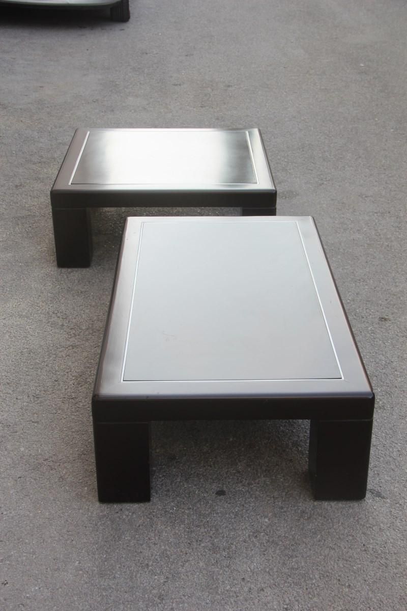 Pair Of Minimalist Low Tables In Brown And Aluminum Lacquer Italian Design, 1970 photo buy
