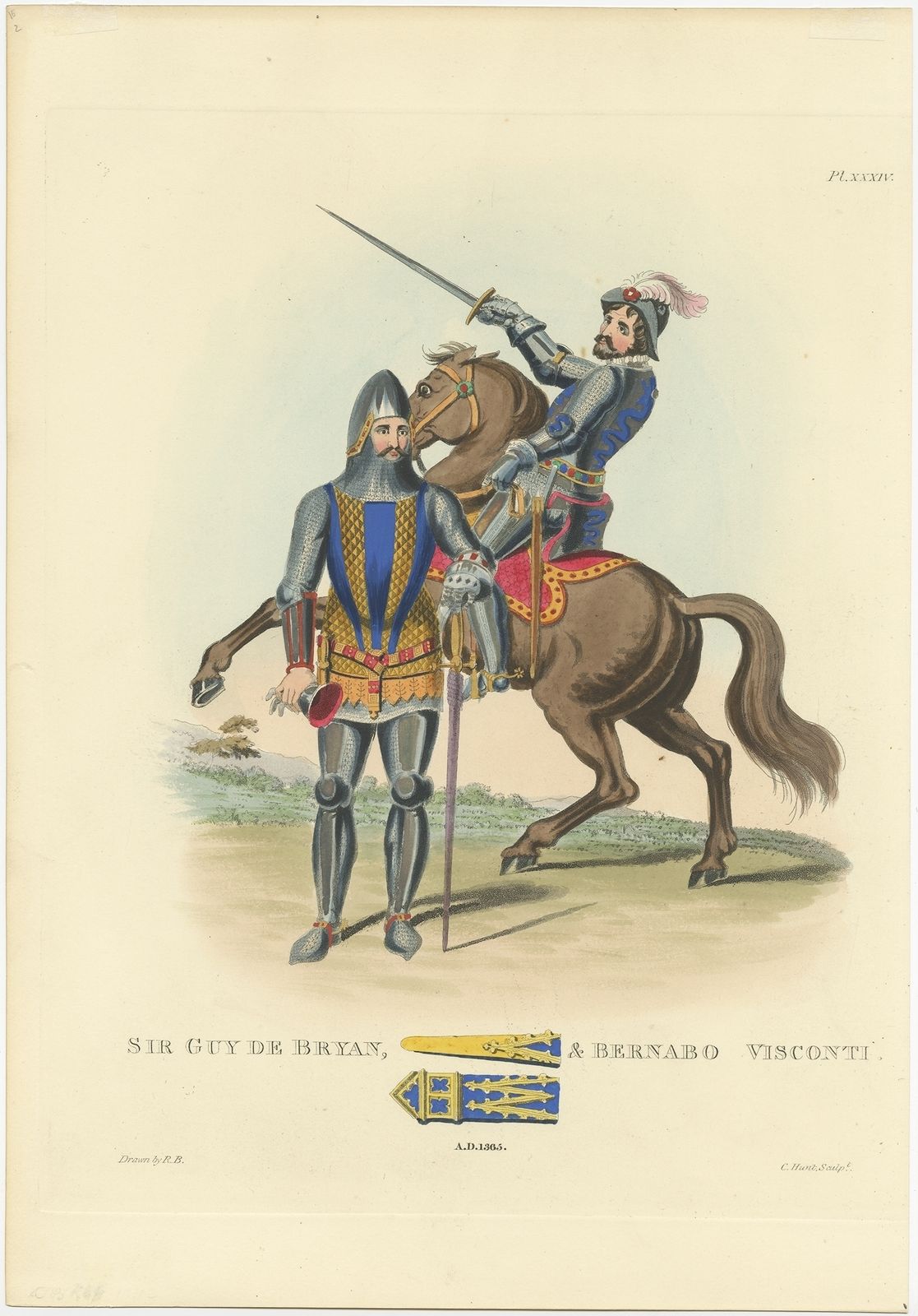 Antique Print Of Guy De Bryan And Bernabò Visconti By Meyrick (1842)