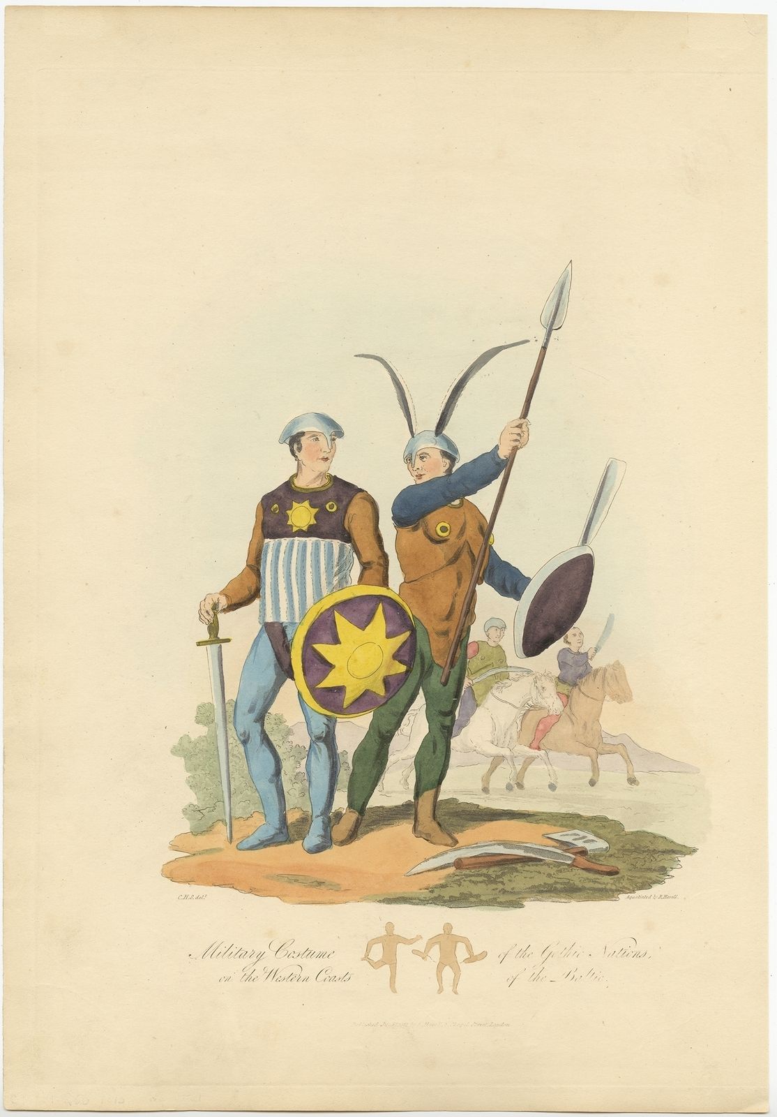Antique Print Of Baltic Military Costumes By Havell (1815)