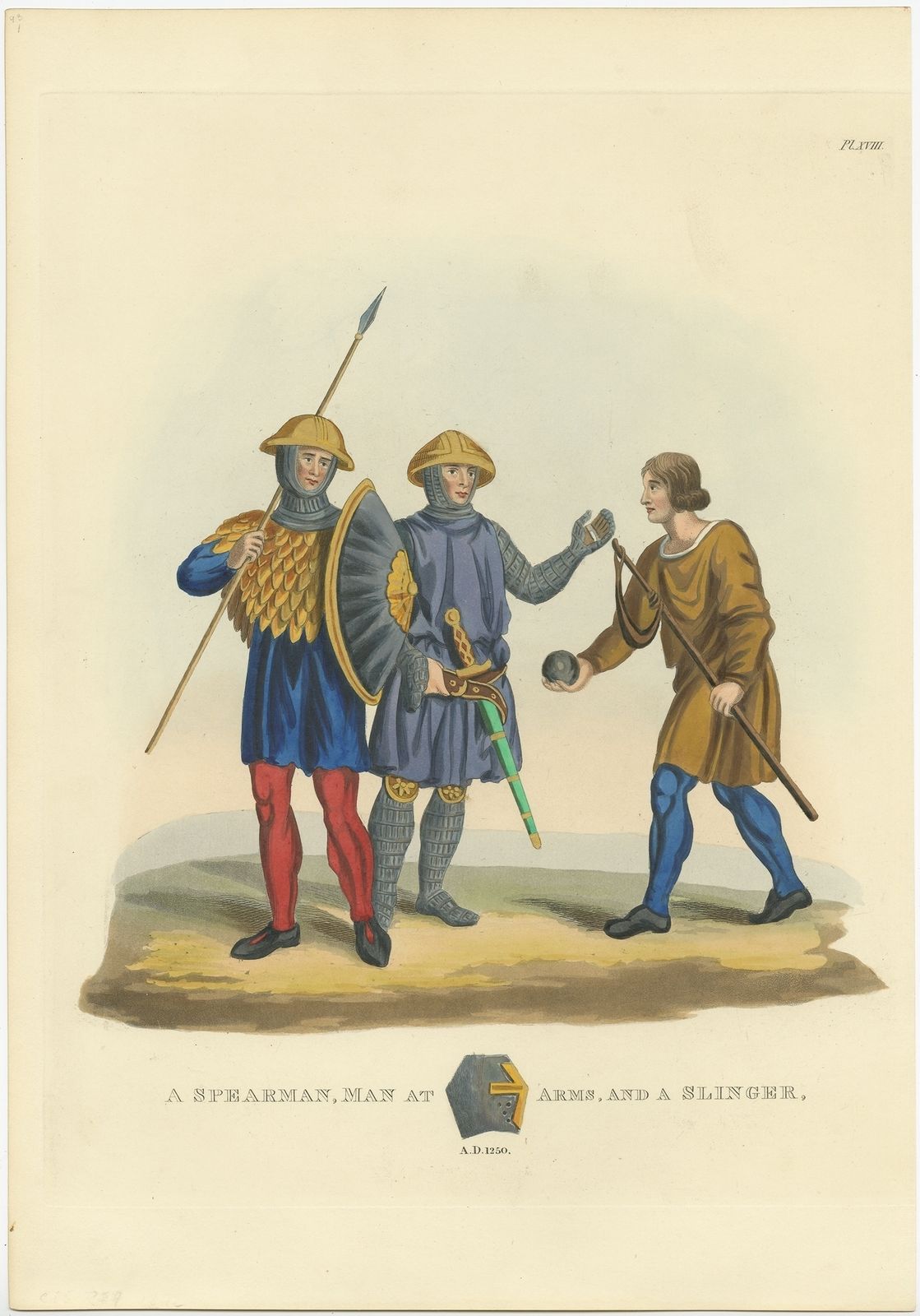 Antique Print Of A Spearman, Man At Arms And Slinger By Meyrick (1842)