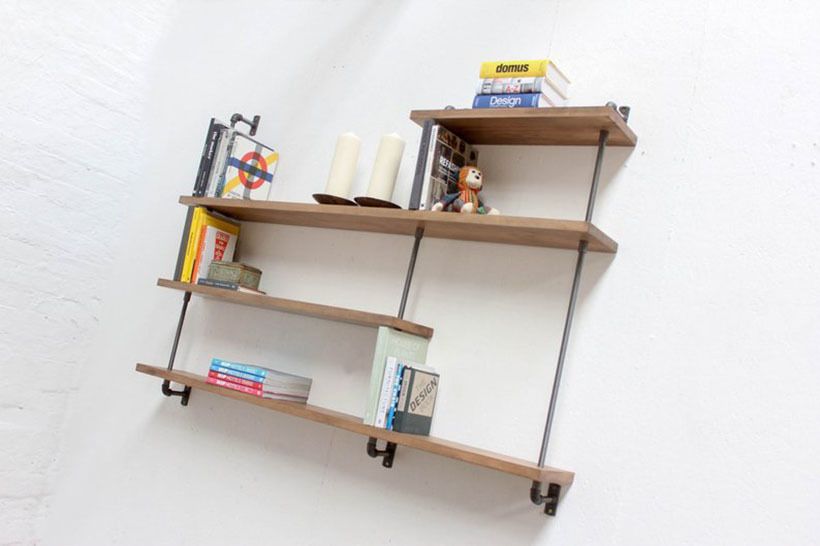 Barnaby Bespoke Adjustable Solid Beech Shelves With Slim Threaded Steel Pipe And Contemporary Collar Supports photo for sale