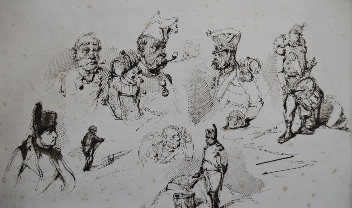 Edouard Chevret (1835 1864) Napoleon And His Grognards, Studies Ink On Paper Flag