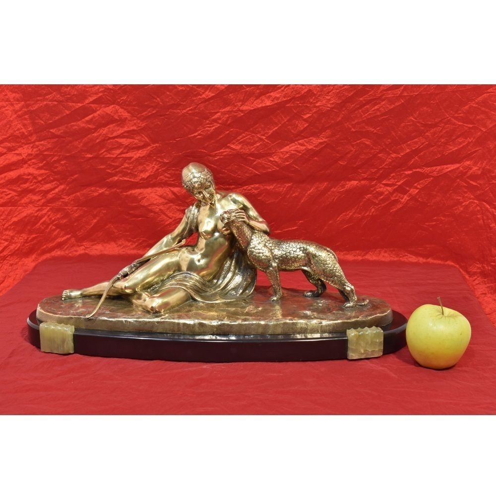 Antique Bronze Sculpture, Woman With Leopard, Signed Charles Charles, French Sculptor, Art Deco.  (Stb30) photo Art