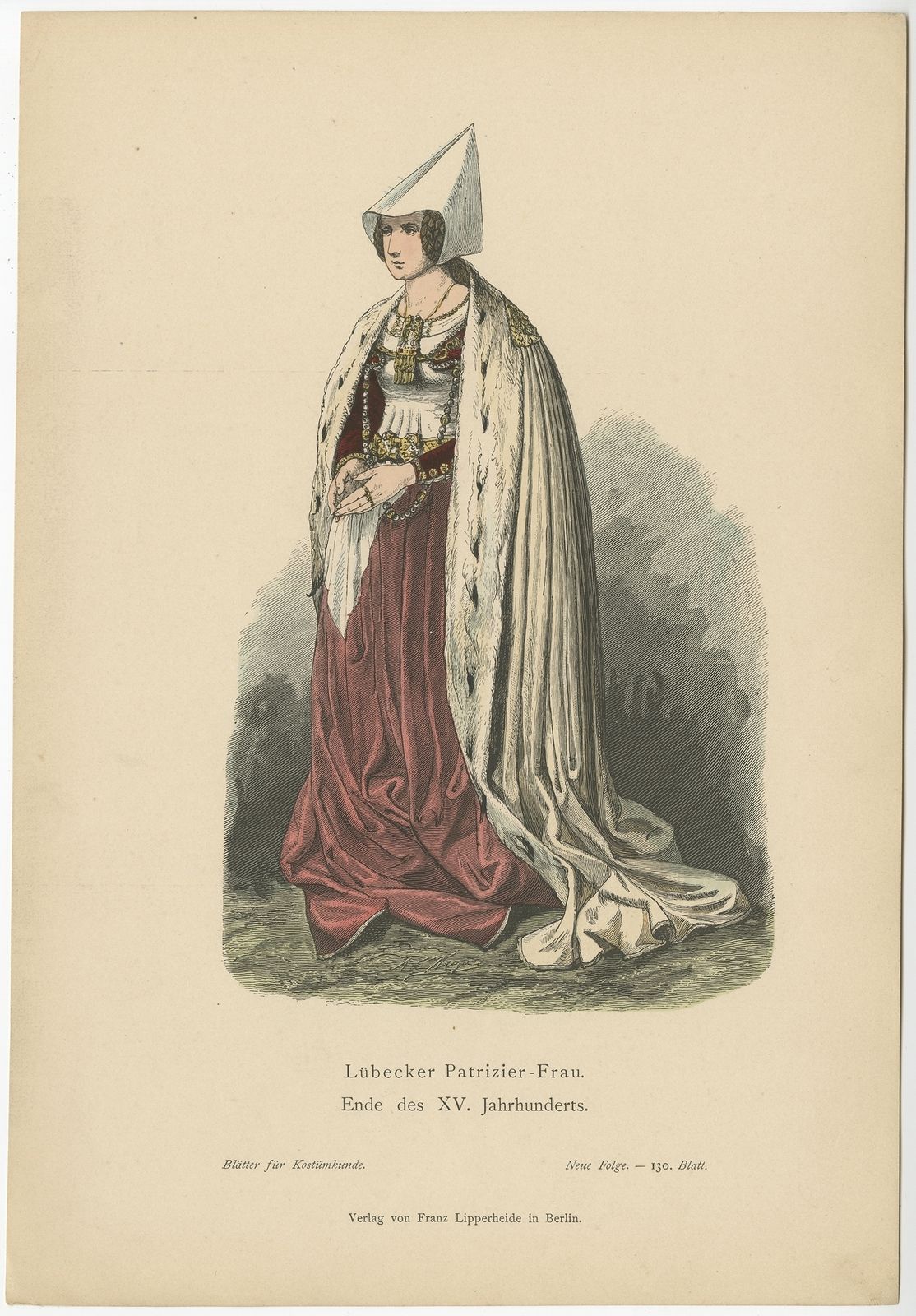 Antique Costume Print Of A Patrician Woman From Lübeck By Lipperheide (C.1880)