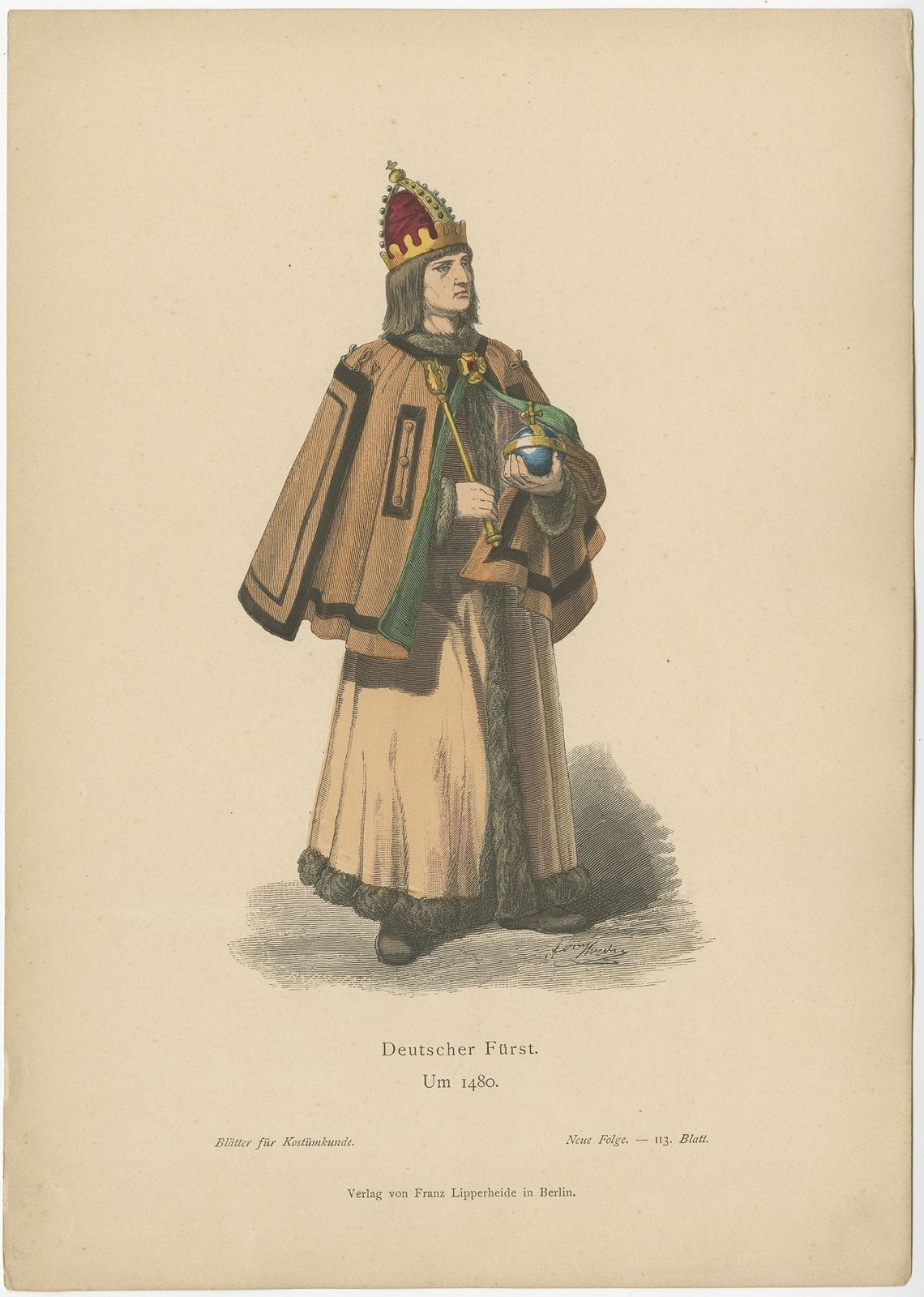 Antique Costume Print Of A German Prince By Lipperheide (C.1880)