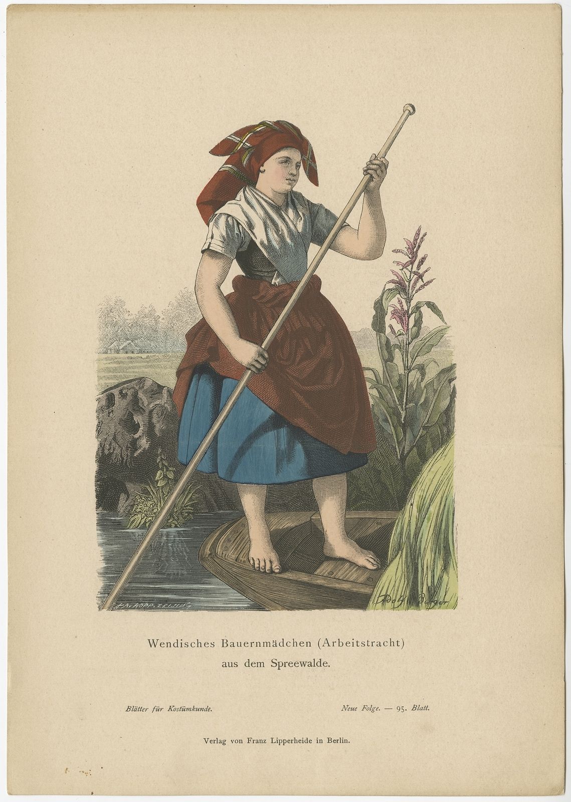 Antique Costume Print Of A Peasant Girl From Spreewald By Lipperheide (C.1880)