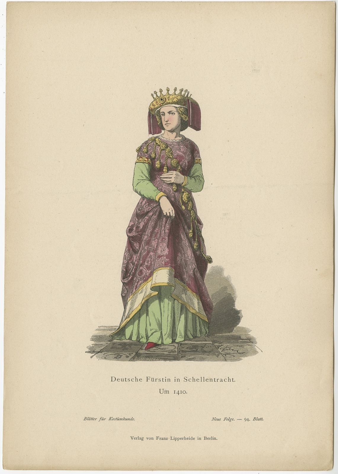 Antique Costume Print Of A German Princess By Lipperheide (C.1880)