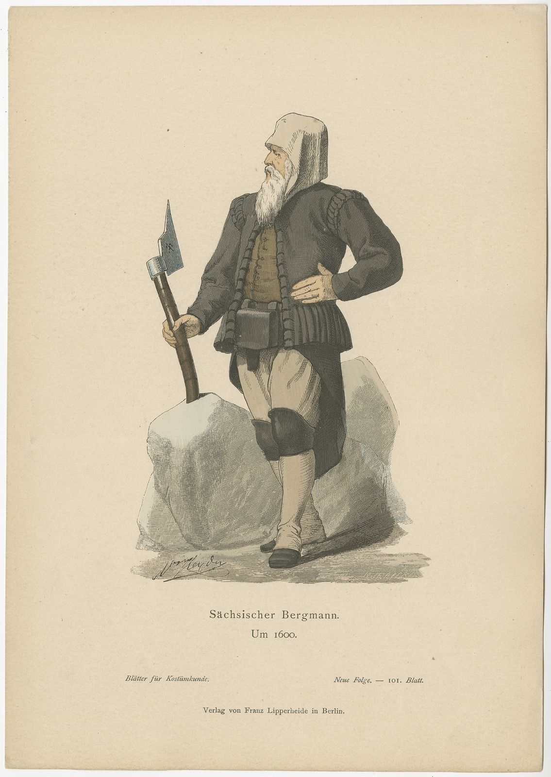 Antique Costume Print Of A Saxon Miner By Lipperheide (C.1880)