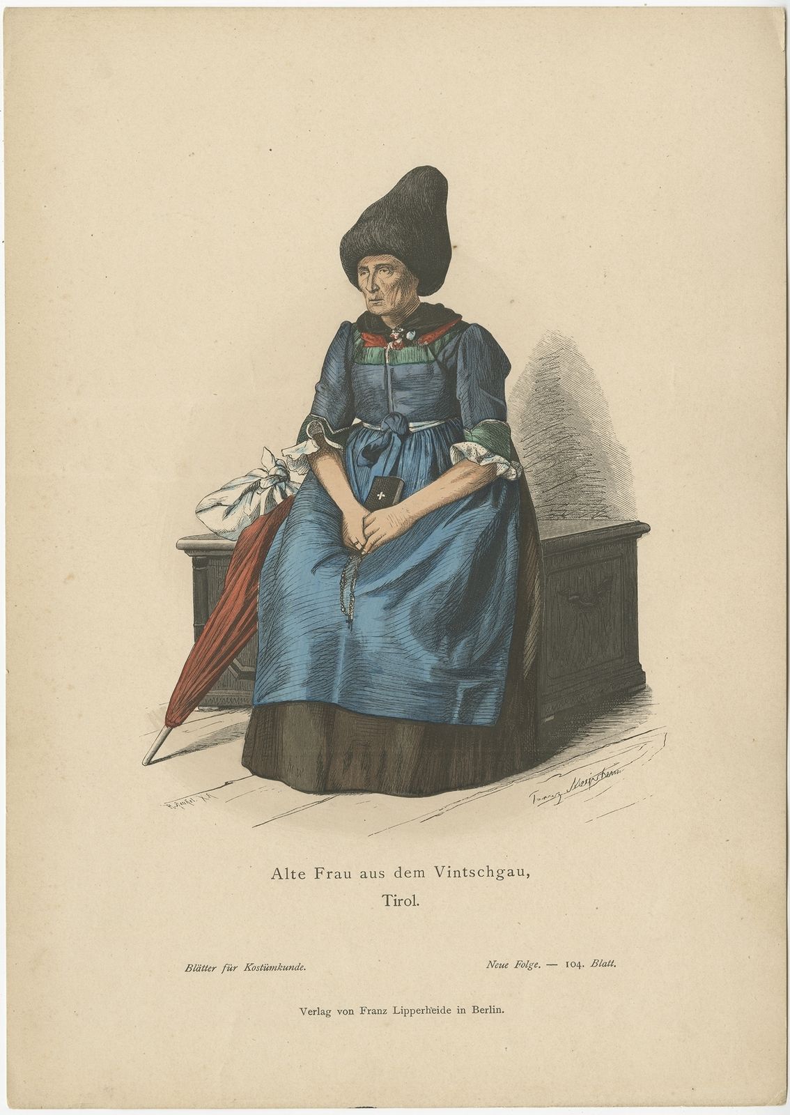 Antique Costume Print Of A Woman From Vinschgau (Tyrol) By Lipperheide (C.1880)