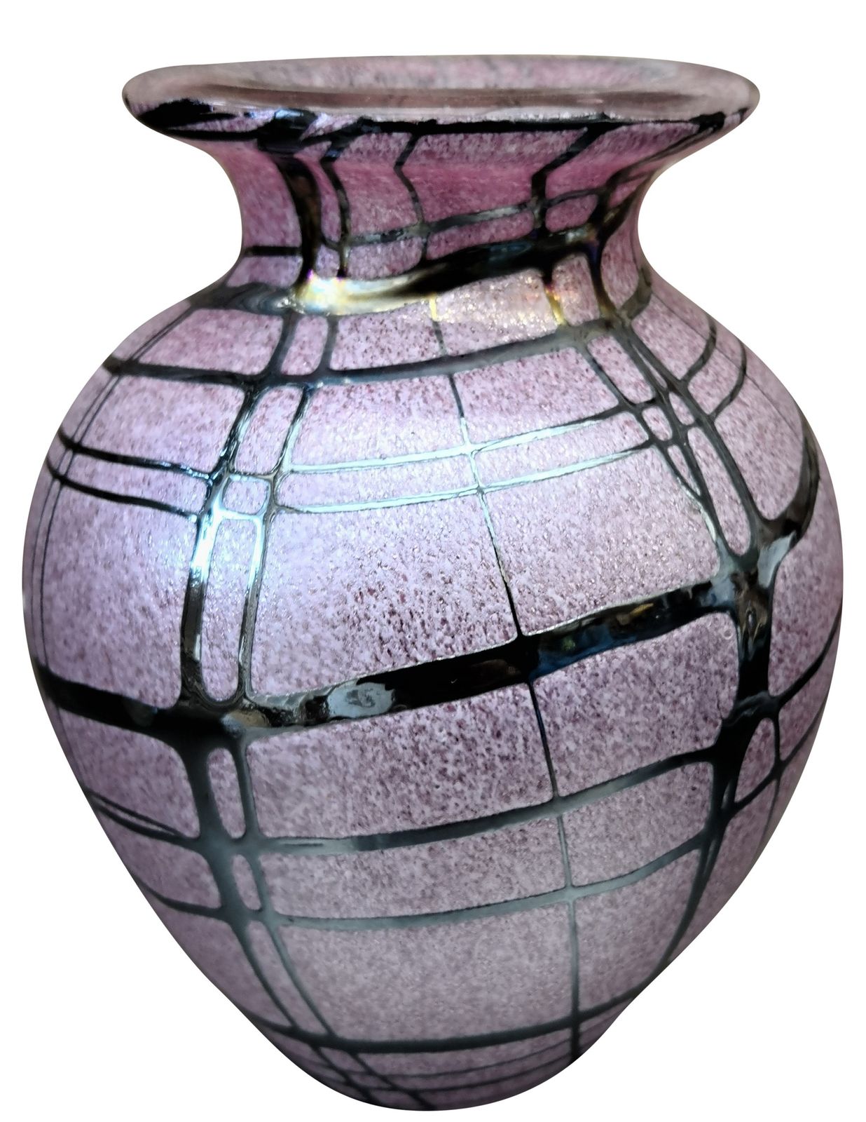 Pink Frosted Irridescent Contemporary Art Glass Vase With Silver Grey Geometric Design