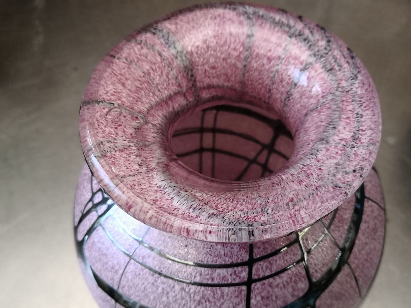 Pink Frosted Irridescent Contemporary Art Glass Vase With Silver Grey Geometric Design photo for sale