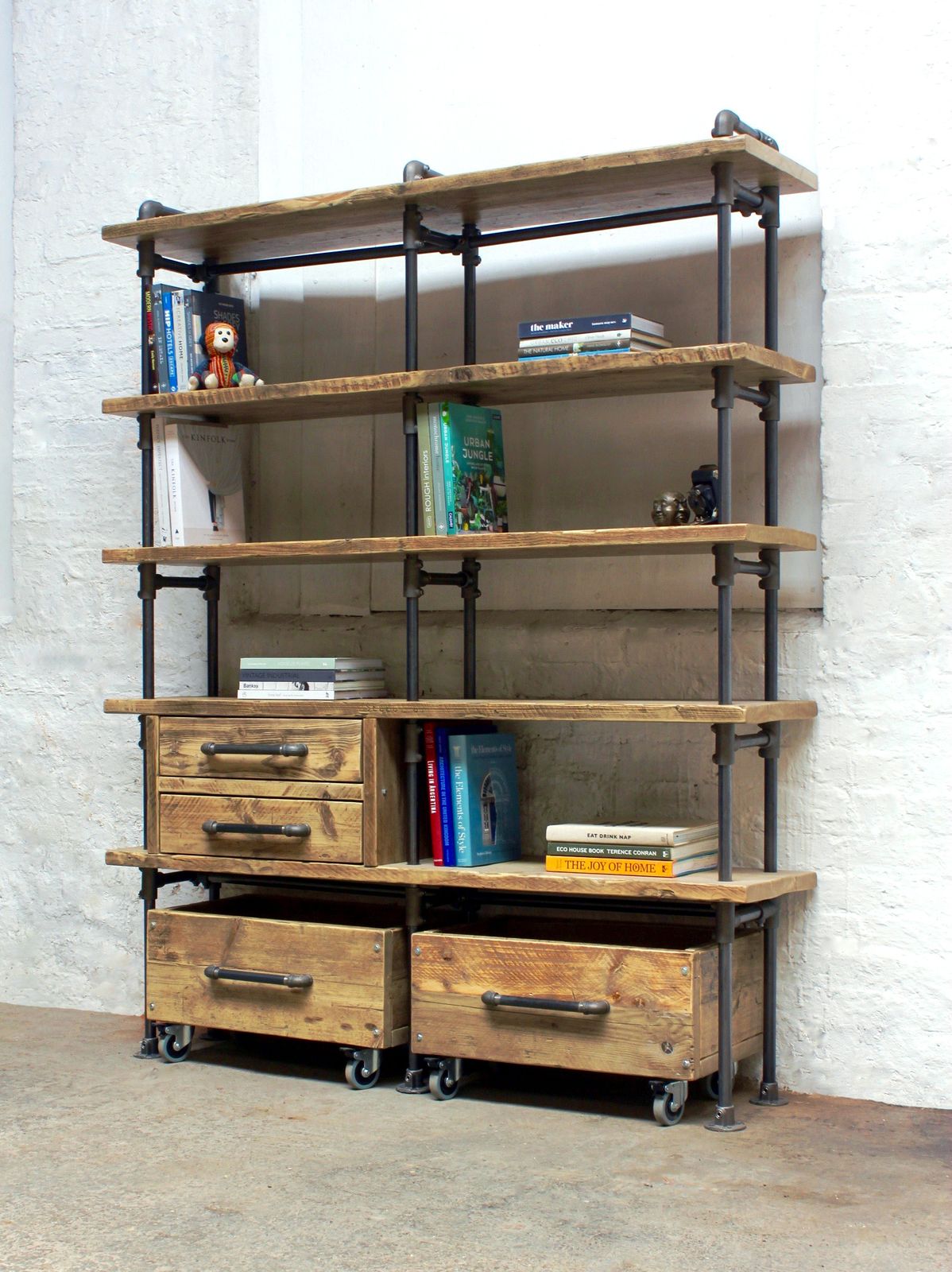 Ana Maria Clear Varnished Reclaimed Scaffolding Board And Dark Steel Pipe Bookcase With Integrated Drawer Units And Roll Out Storage Boxes photo for sale
