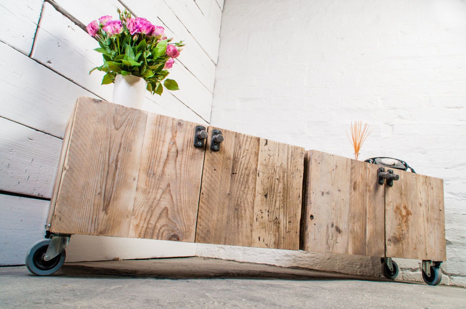 Josh Long Low 4 Door Reclaimed Scaffolding Board Media Unit With Steel Handles