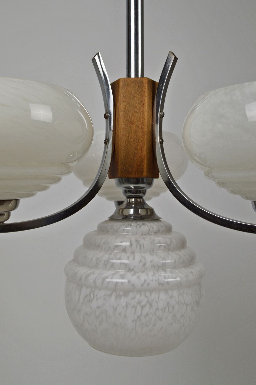 photo furniture Art Deco Mid Century Modernist Chandelier, Wood & Chrome, France, Circa 1940