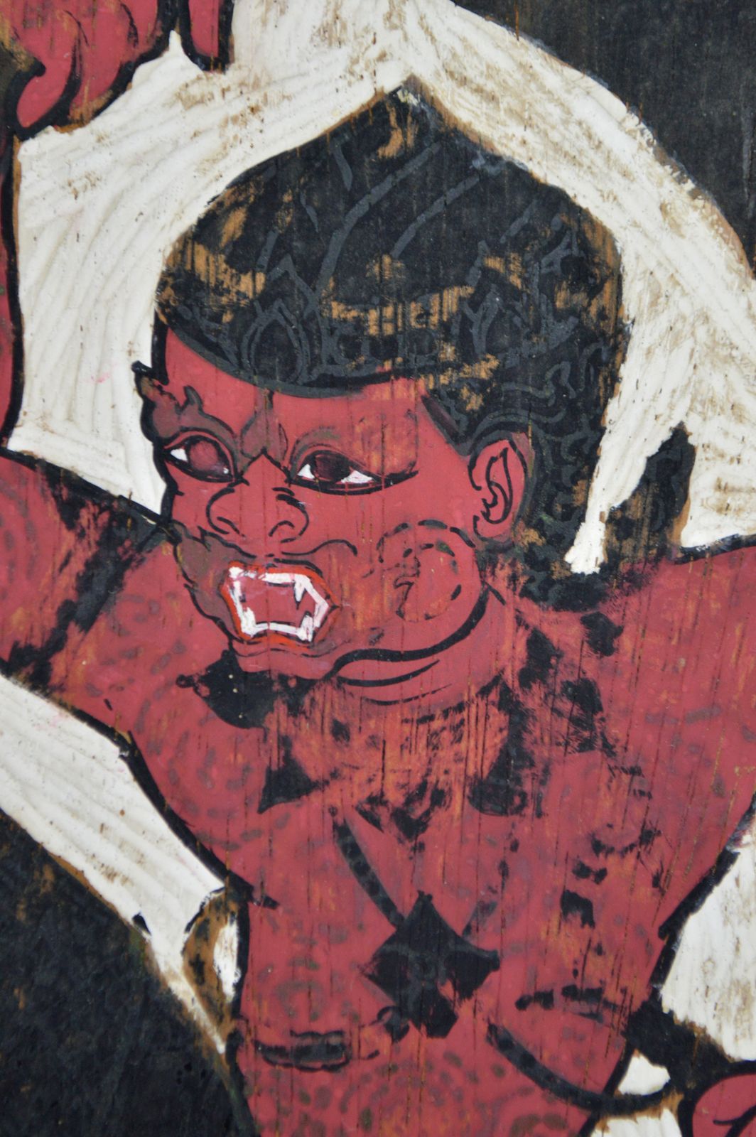photo furniture Painted Panel, Mythological Theme, Hanuman Vs Demon By Prasit, Thailand, 1966