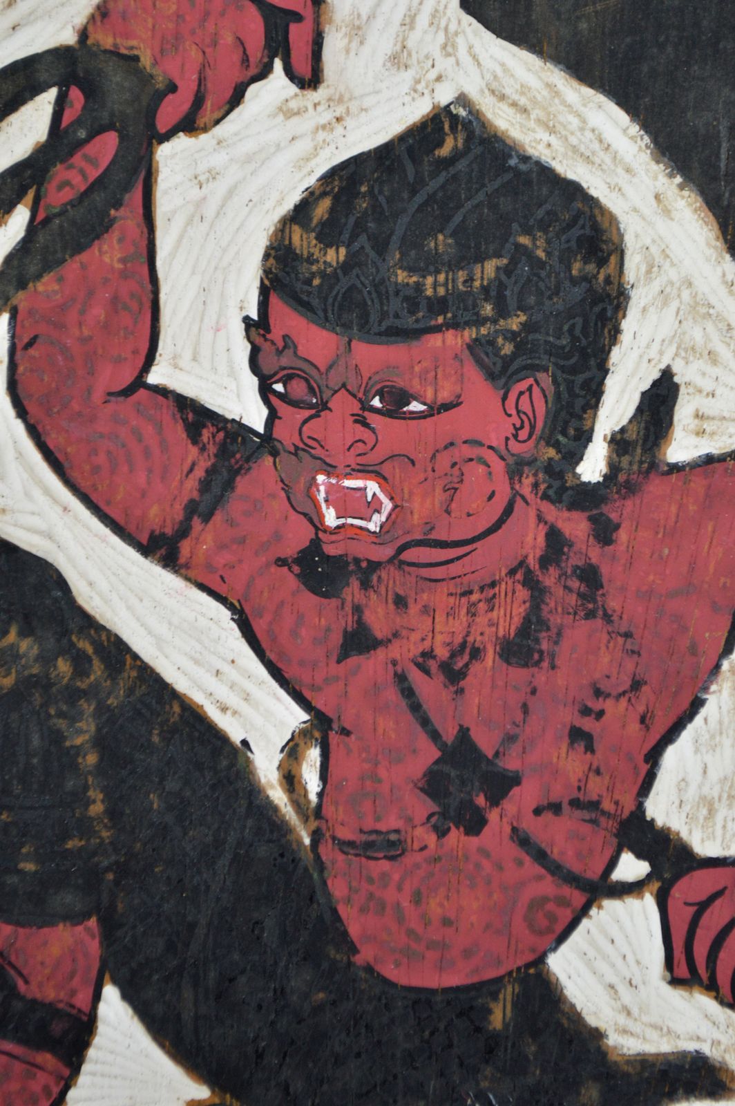 Painted Panel, Mythological Theme, Hanuman Vs Demon By Prasit, Thailand, 1966 photo vintage