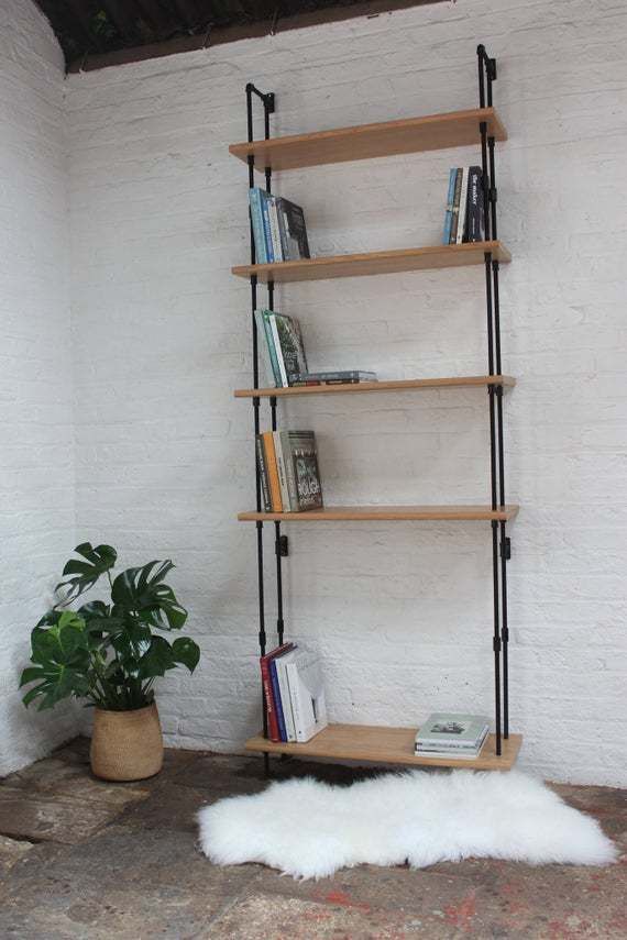 Ben Bespoke Bookcase With Oak Veneer Shelves And Gloss Matt Powder Coated Threaded Steel Vertical Uprights And Collar Supports photo Furniture