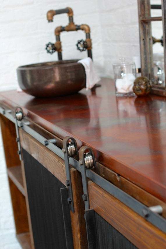 Kristen Patinated Copper Topped Reclaimed Scaffolding Board And Sliding Steel Inlaid Doors Bathroom Unit With Industrial Sink And Mixer Tap photo vintage