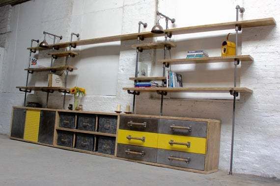 photo furniture Imogen Reclaimed Scaffolding And Osb Board Media Unit With Vintage Filing Cabinet And Ladder Rung Components   Bespoke Industrial Furniture