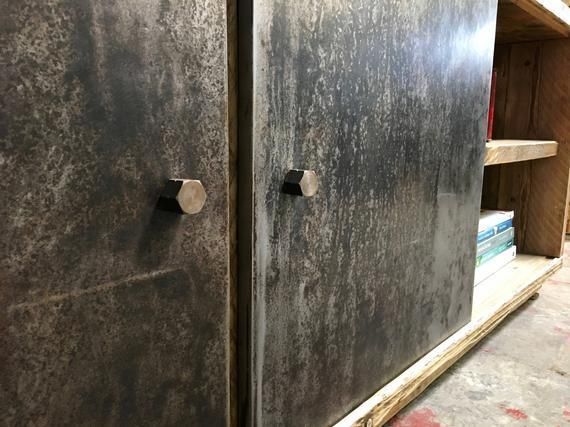 Lori Reclaimed Scaffolding Board And Steel Pipe Media Unit With Open Storage, Shelves And Distressed Steel Sliding Cupboard Doors photo for sale