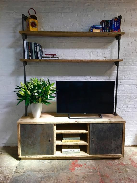 Lori Reclaimed Scaffolding Board And Steel Pipe Media Unit With Open Storage, Shelves And Distressed Steel Sliding Cupboard Doors