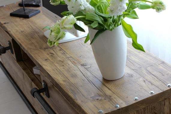 Stockton Bespoke Reclaimed Scaffolding Board Long Low Media Unit With Drawers, With Dark Steel Pipe Handles, And An Open Aperture On Castors photo furniture