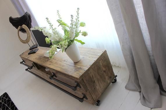 Stockton Bespoke Reclaimed Scaffolding Board Long Low Media Unit With Drawers, With Dark Steel Pipe Handles, And An Open Aperture On Castors photo 1695.0