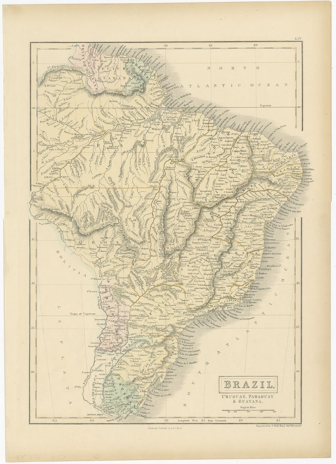 Antique Map Of Brazil, Uruguay And Surroundings By Hall (1853)