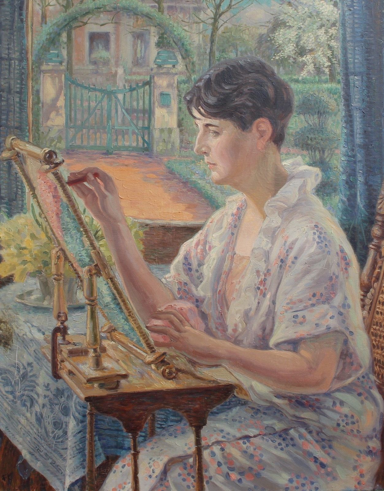 'Woman By The Window With Embroidery Frame' By Franz Ludwig Kiederich (Circa 1930s) photo for sale
