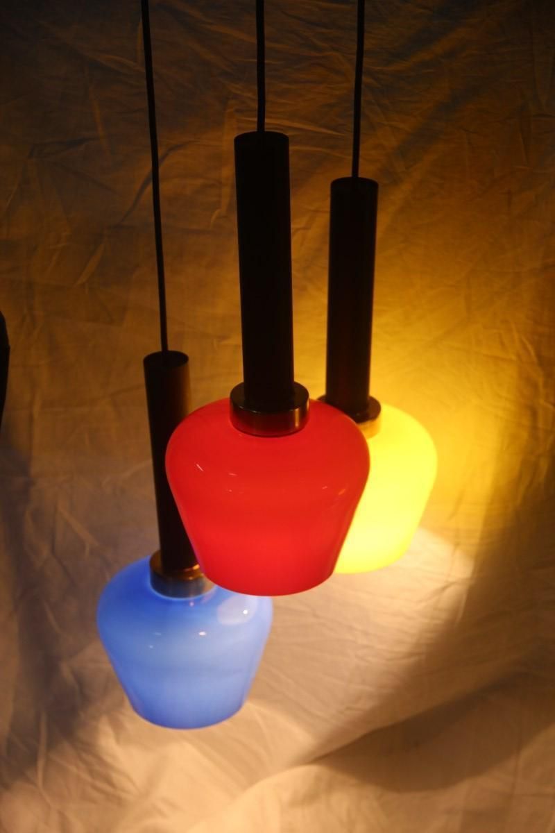 Chandelier Pendant Brass Italian Design Vistosi 1950 Black, Yellow, Blu, Red photo for sale