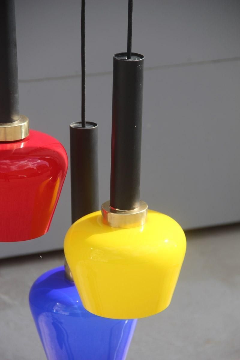 Chandelier Pendant Brass Italian Design Vistosi 1950 Black, Yellow, Blu, Red photo vintage