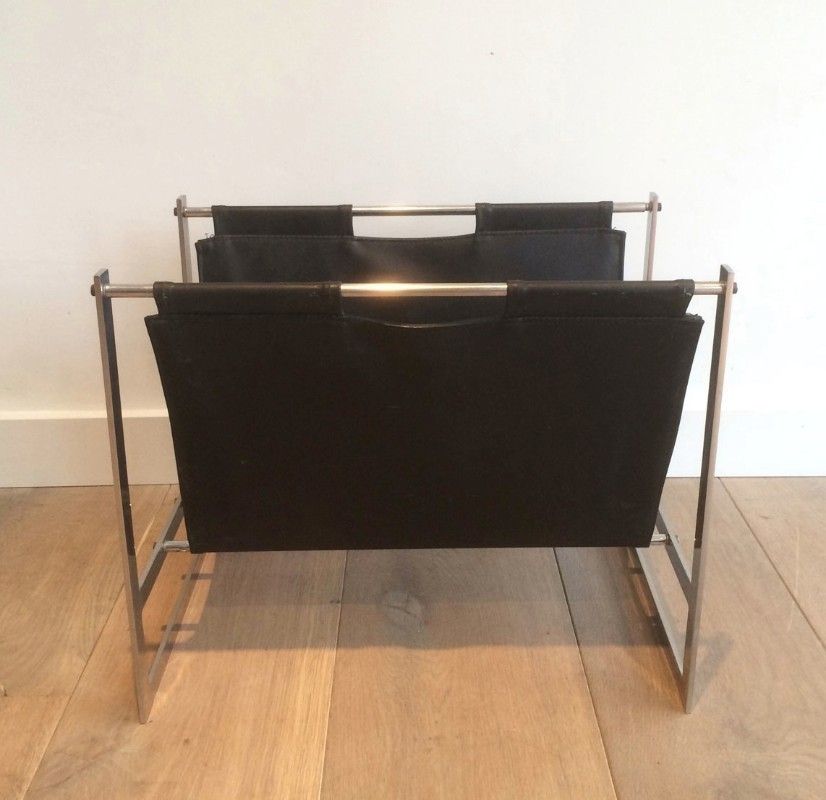 In The Style Of Poul Kjaerholm. Interesting Brished Steel And Leather Magazine Rack. Circa 1950 photo furniture