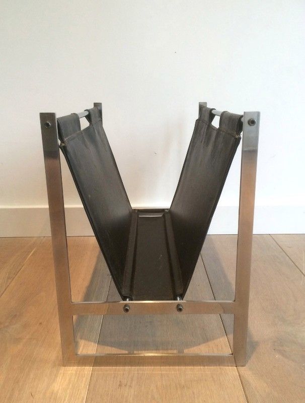 In The Style Of Poul Kjaerholm. Interesting Brished Steel And Leather Magazine Rack. Circa 1950 photo 680.0