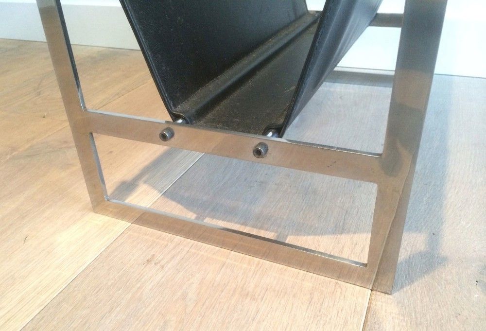 In The Style Of Poul Kjaerholm. Interesting Brished Steel And Leather Magazine Rack. Circa 1950 photo vinterior