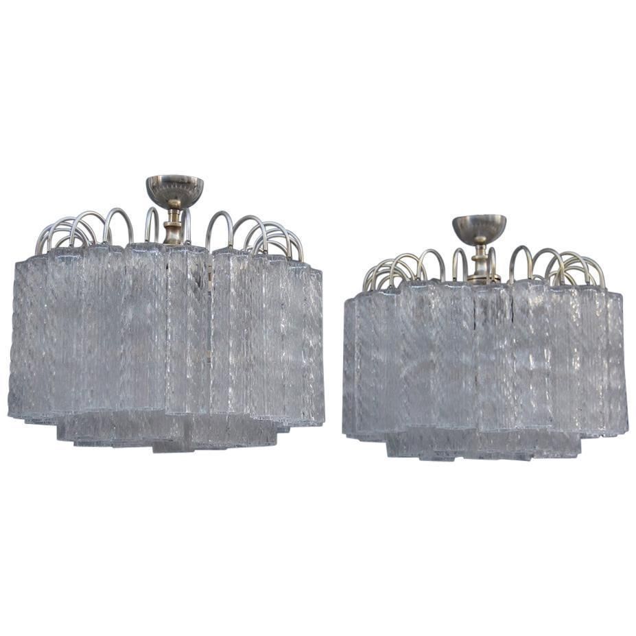 Round Pair Of Ceiling Lamp Venini Ice Glass 1960 Triangolar Tubes Italian Design
