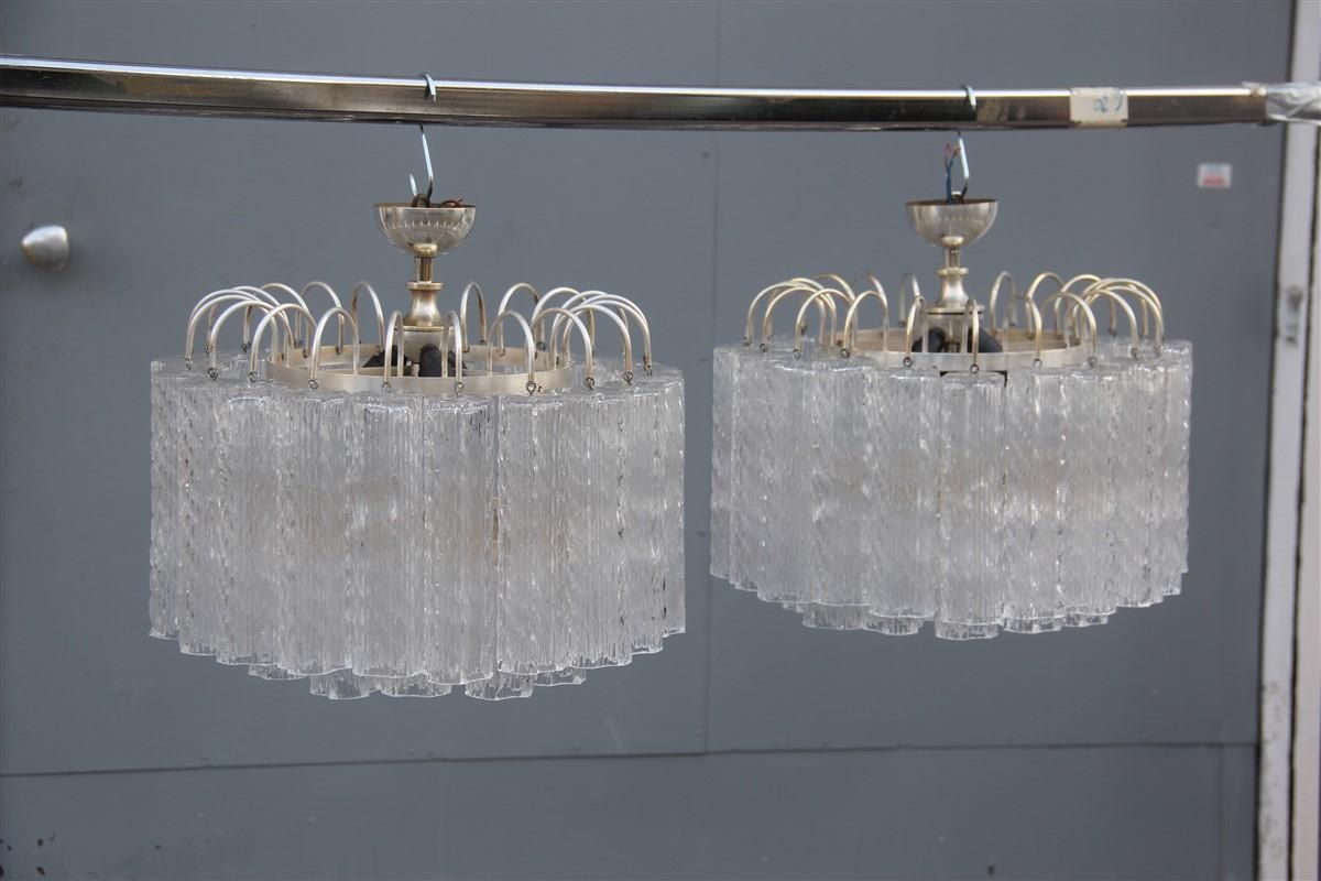 Lighting Round Pair Of Ceiling Lamp Venini Ice Glass 1960 Triangolar Tubes Italian Design photo