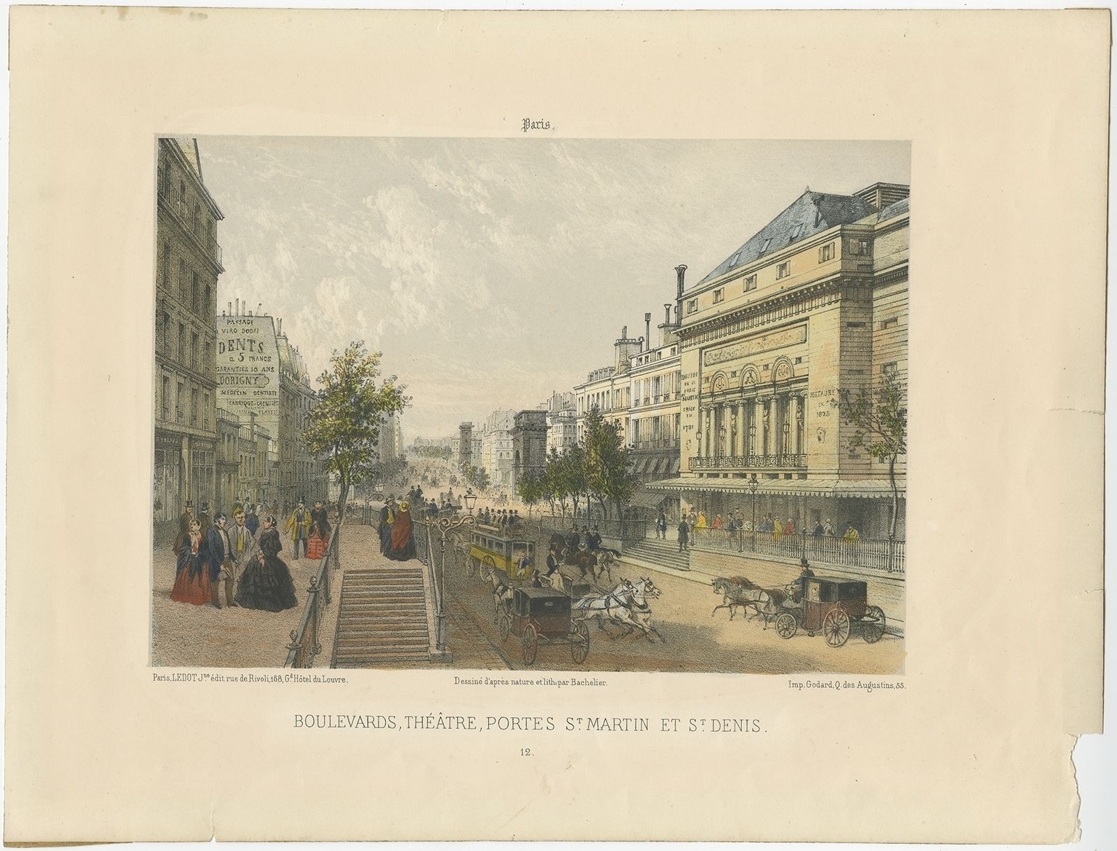 Antique Print Of The Boulevard, Theatre And Gates Of Paris By Bachelier (1854)
