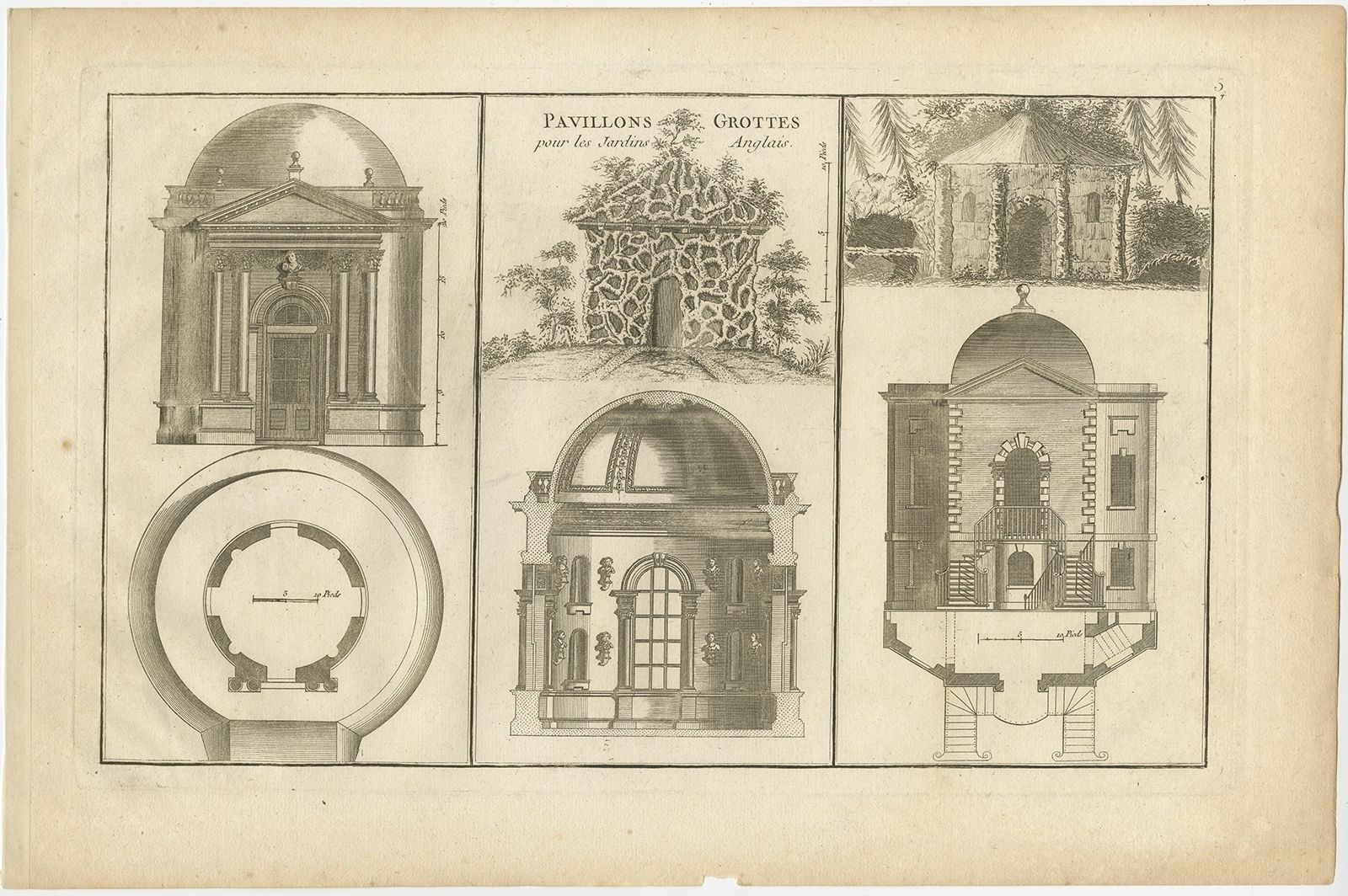Pl. 5 Antique Print Of Pavilions For English Gardens By Le Rouge (1776)
