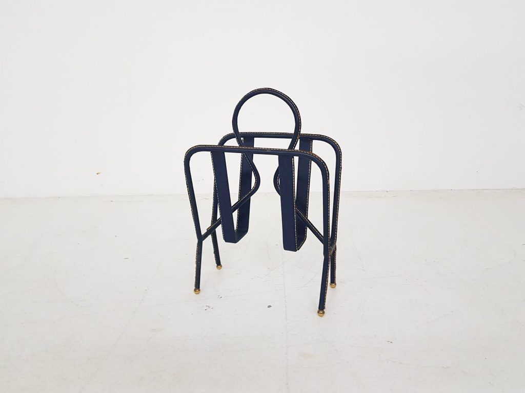 Mid Century Magazine Stand By Jacques Adnet Stitched Blue Leather, France, 1950s photo for sale