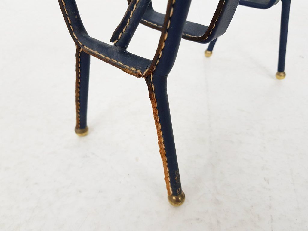 Mid Century Magazine Stand By Jacques Adnet Stitched Blue Leather, France, 1950s photo vinterior