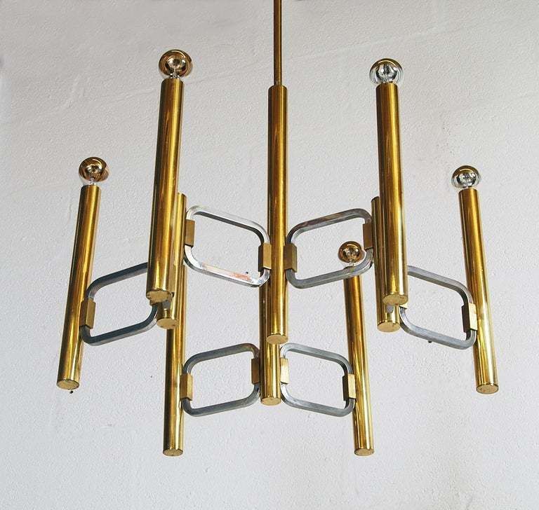 1960s Italian Modernist Brass And Chrome Ceiling Lamp By Profili Industria Lampadari Spa 'Modulo Collection' photo Lighting