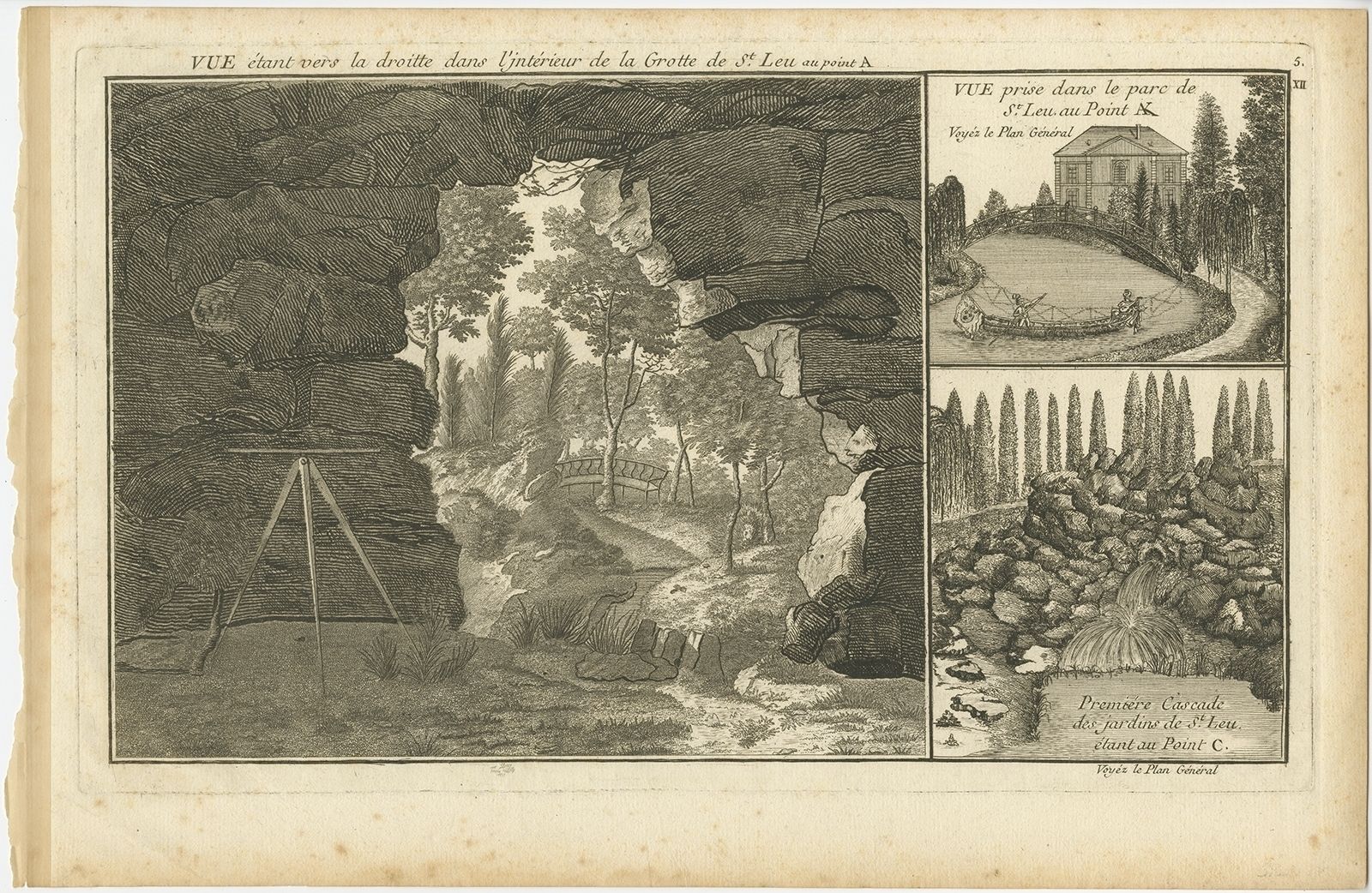 Pl. 5 Antique Print Of The Cave Of Saint Leu By Le Rouge (C.1785)