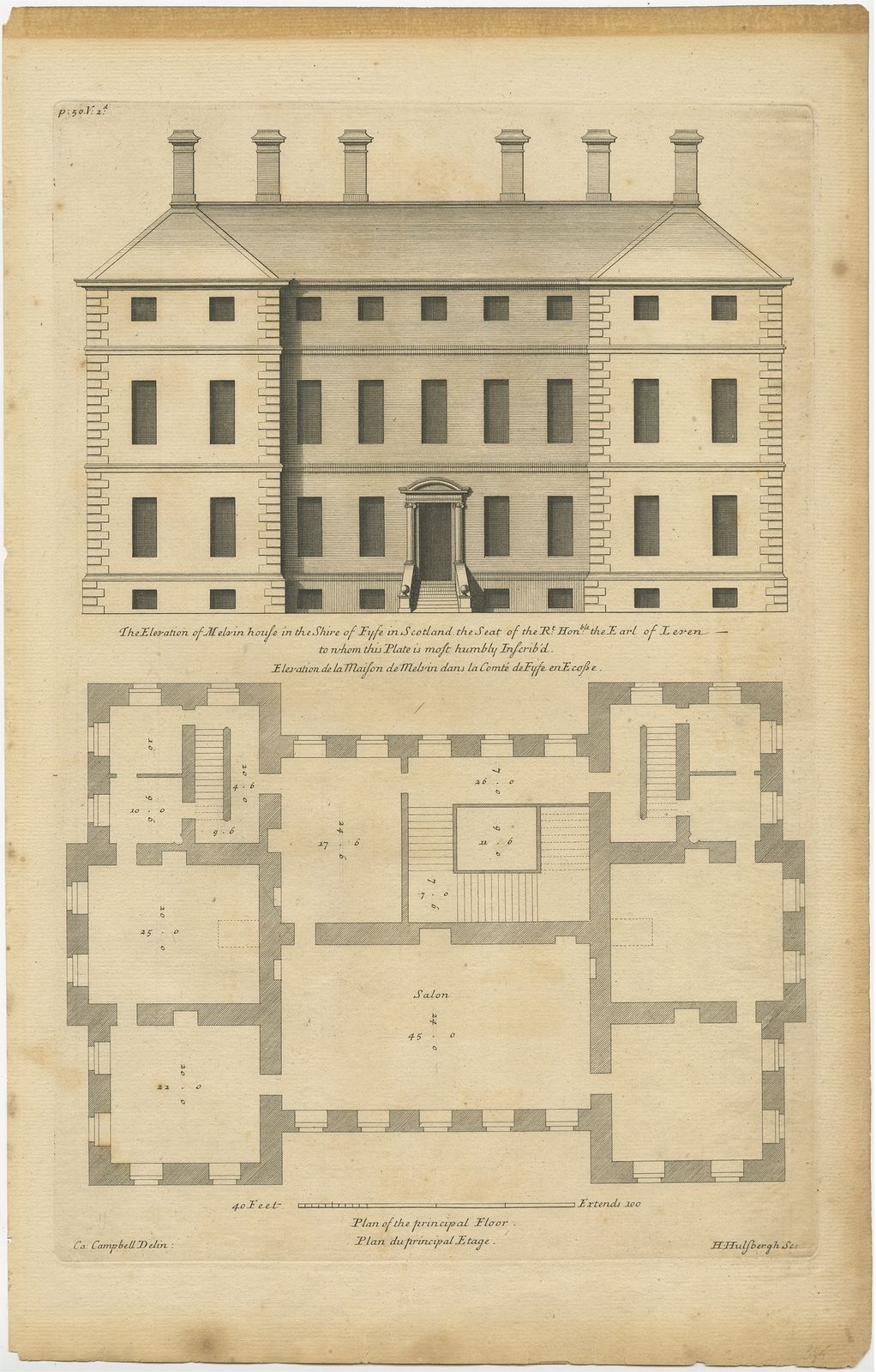 Antique Print Of The Melville House By Campbell (1725)