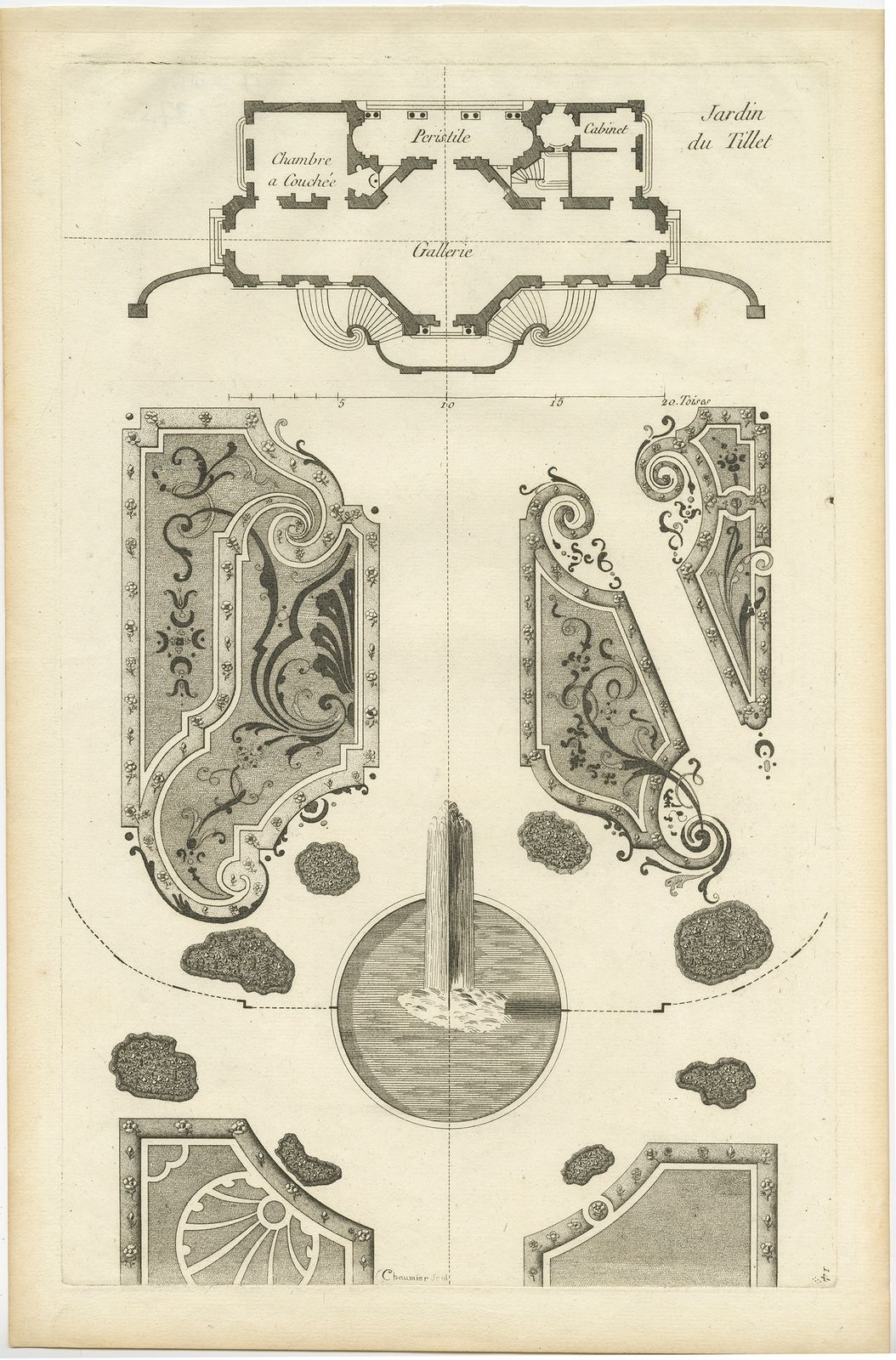 Pl. 14 Antique Print Of The Garden Of Hôtel Du Tillet By Le Rouge (1776)