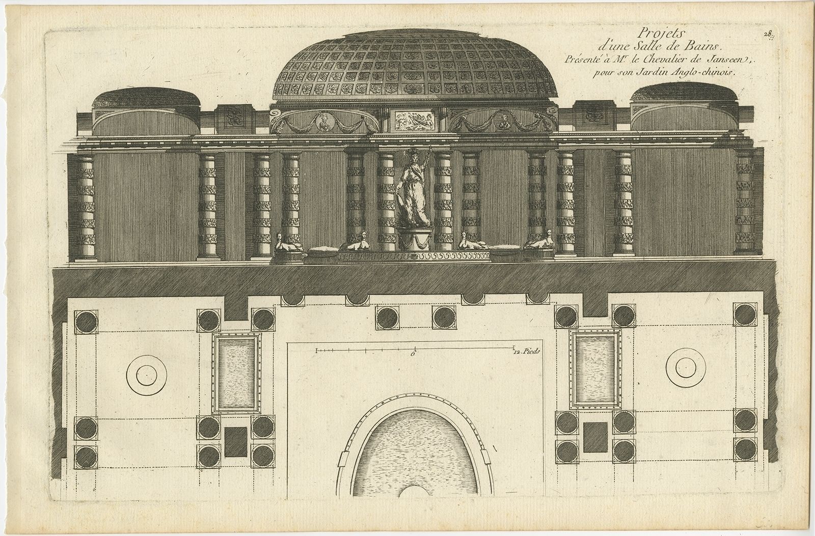 Pl. 28 Antique Print Of A Bathroom Design By Le Rouge (C.1785)