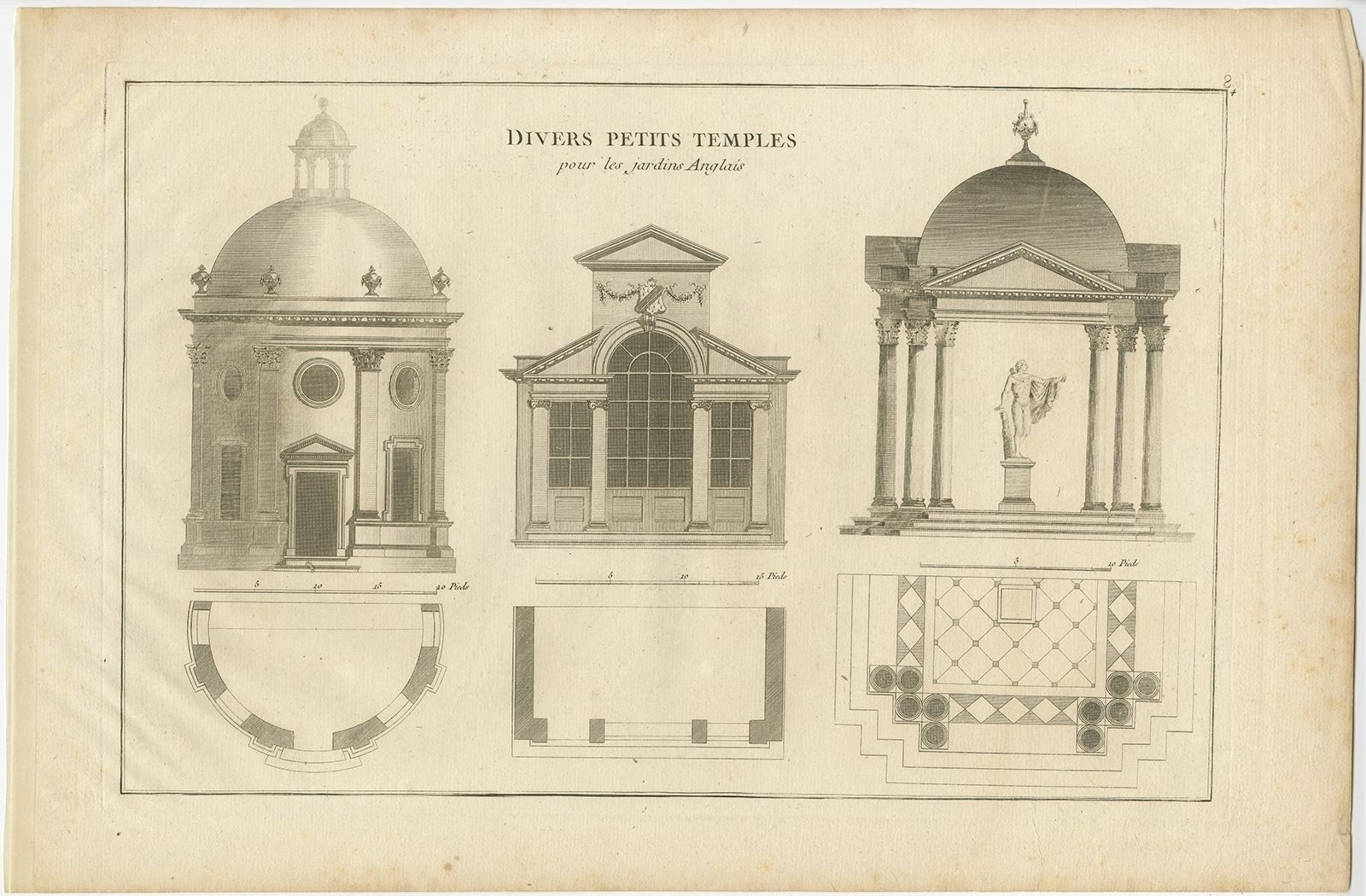 Pl. 8 Antique Print Of Various Garden Temples By Le Rouge (C.1785)